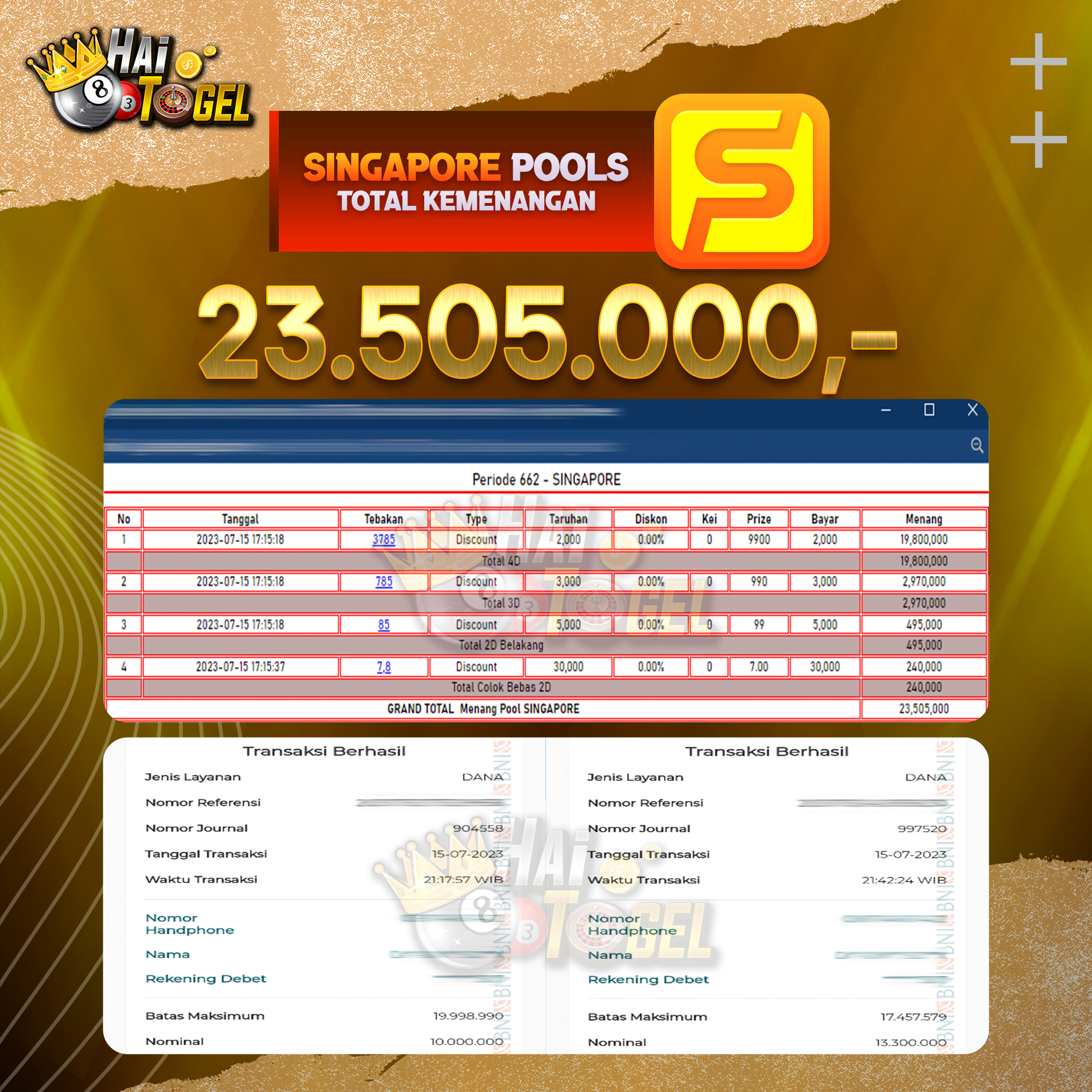 Read more about the article BUKTI JACKPOT HAITOGEL TOGEL : SINGAPORE SEBESAR RP. 23.505.000,-