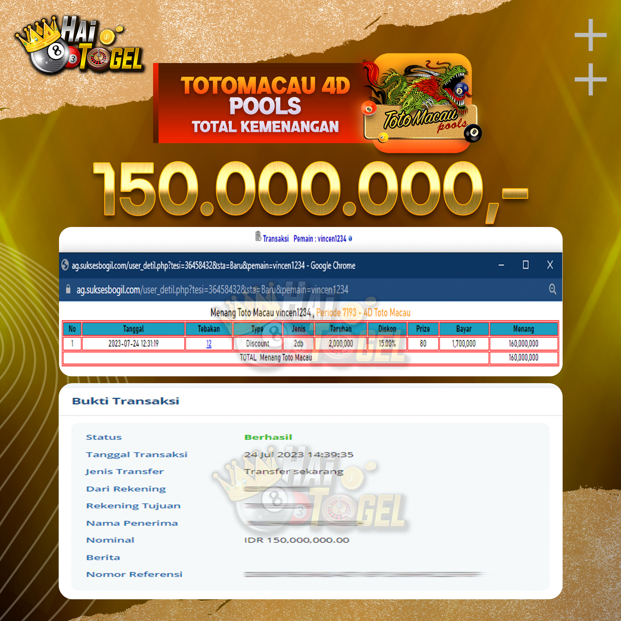 Read more about the article BUKTI JACKPOT HAITOGEL PASARAN TOTOMACAU4D RP. 150.000.000