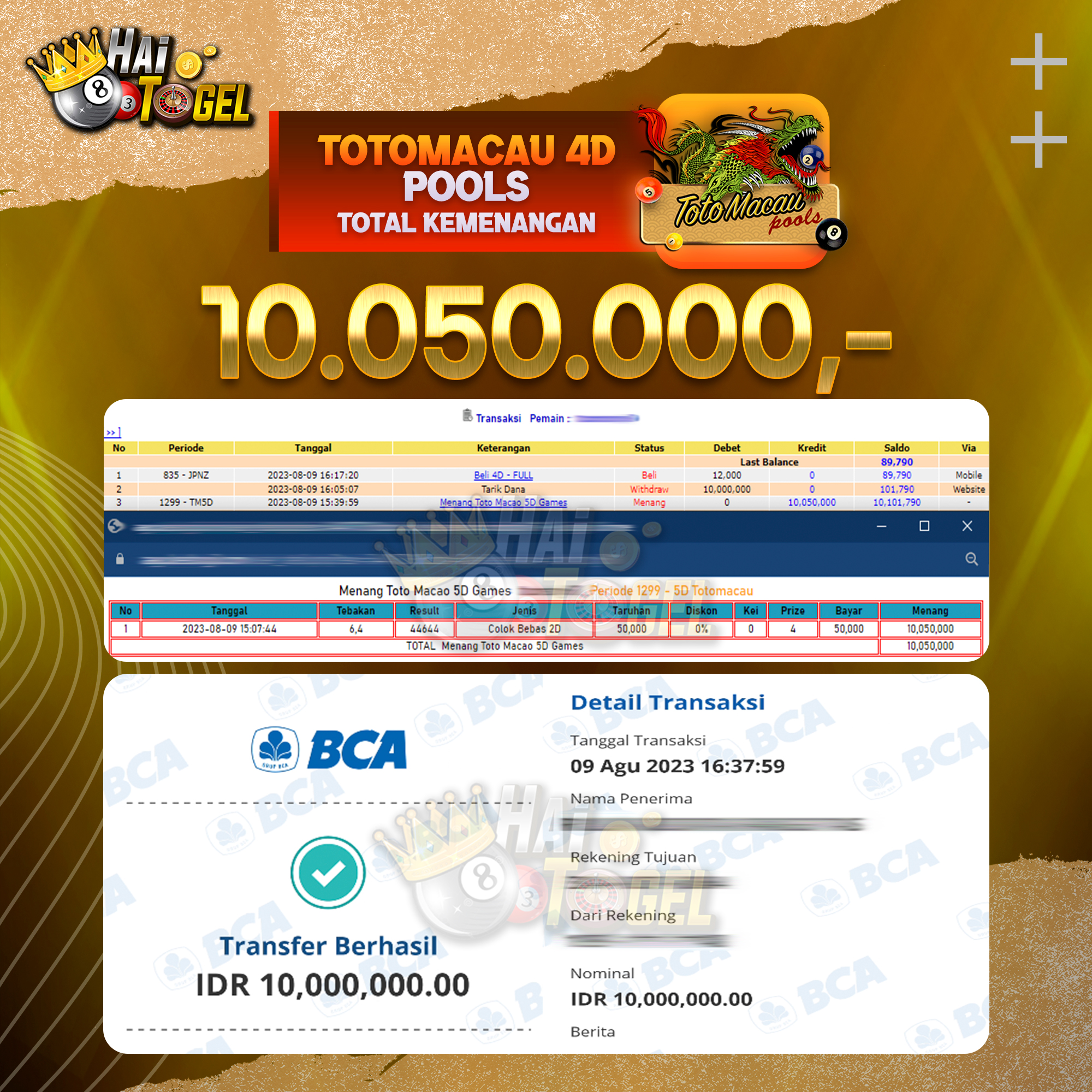 Read more about the article BUKTI JACKPOT HAITOGEL PASARAN TOTOMACAU4D RP. 10.050.000