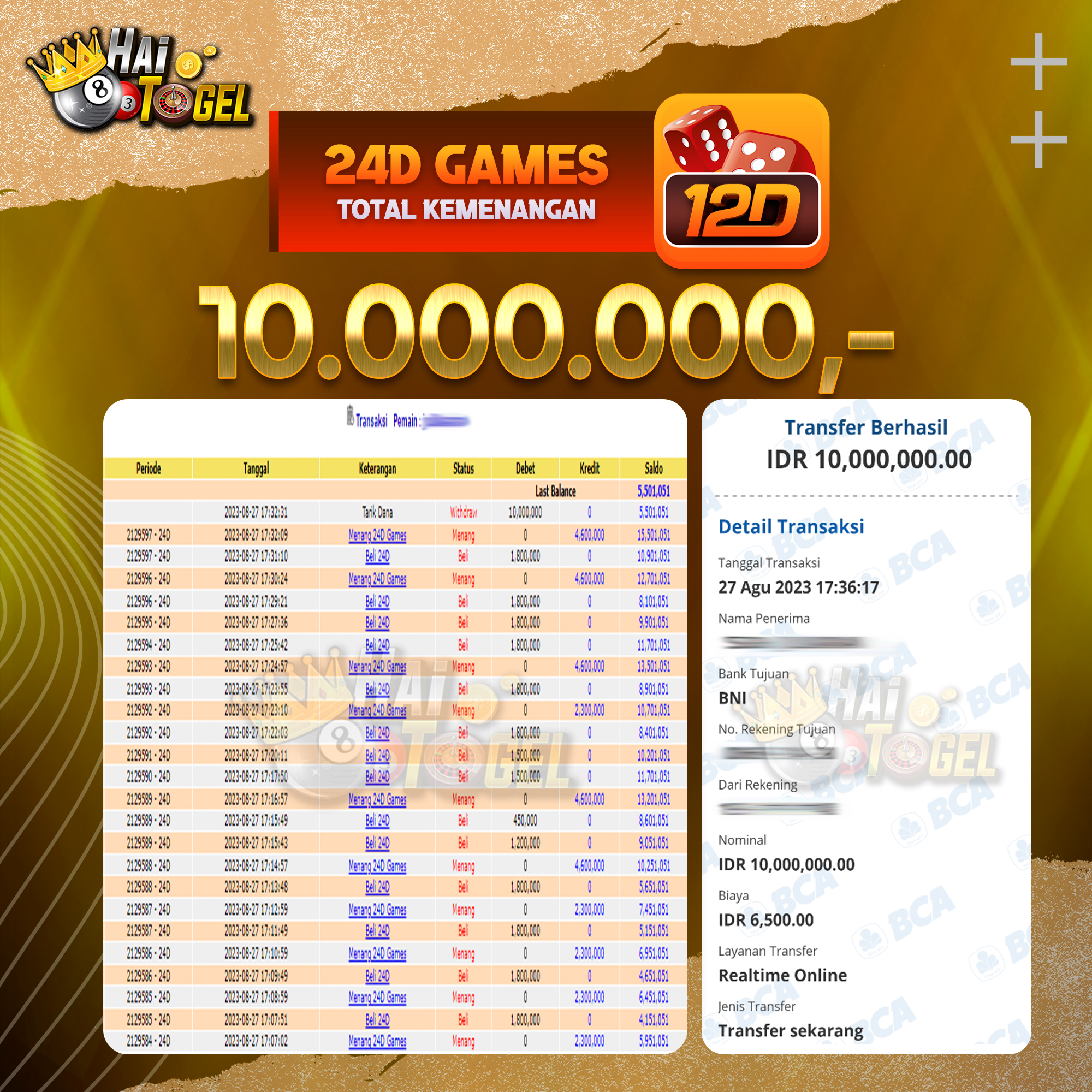 Read more about the article BUKTI CASINO JACKPOT HAITOGEL 24D GAMES RP. 10.000.000