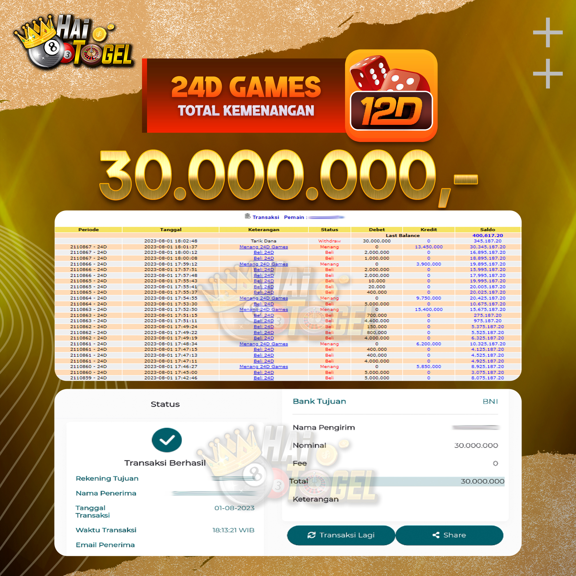 Read more about the article BUKTI CASINO JACKPOT HAITOGEL 24D GAMES RP. 30.000.000
