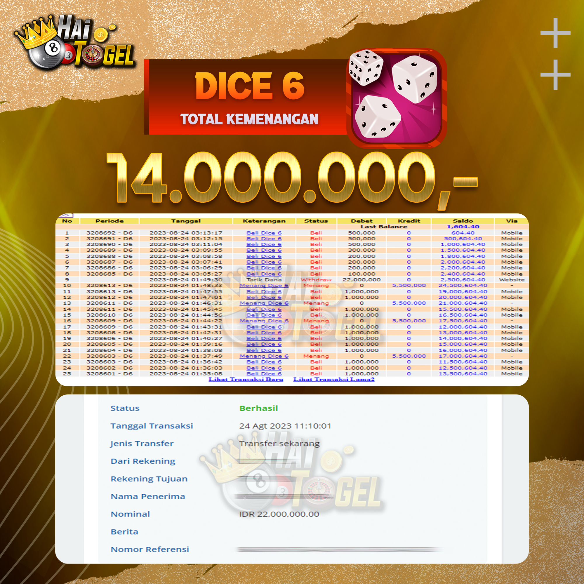 You are currently viewing BUKTI CASINO JACKPOT HAITOGEL DICE 6 RP. 14.000.000