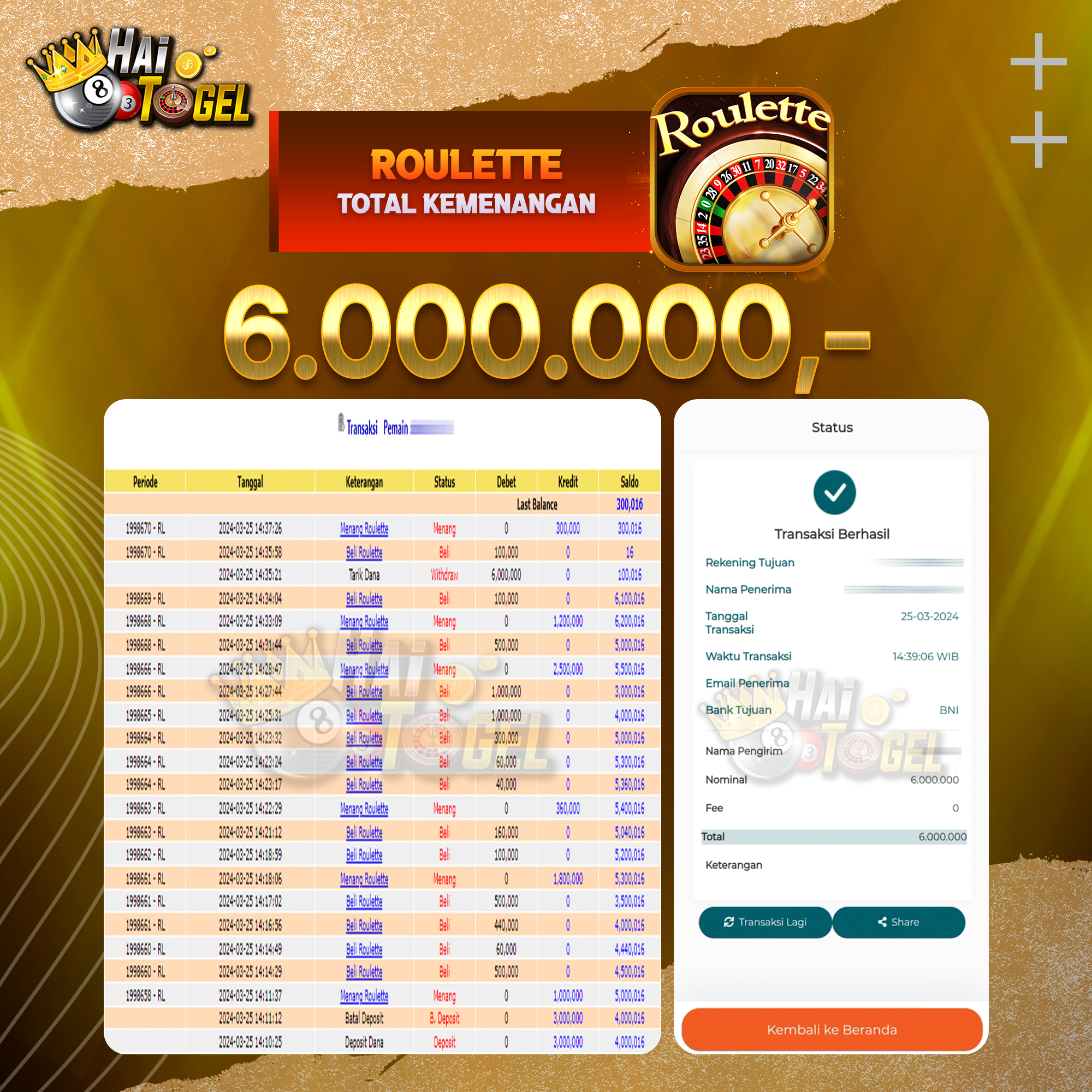 Read more about the article BUKTI CASINO HAITOGEL JACKPOT ROULETTE RP. 6.000.000