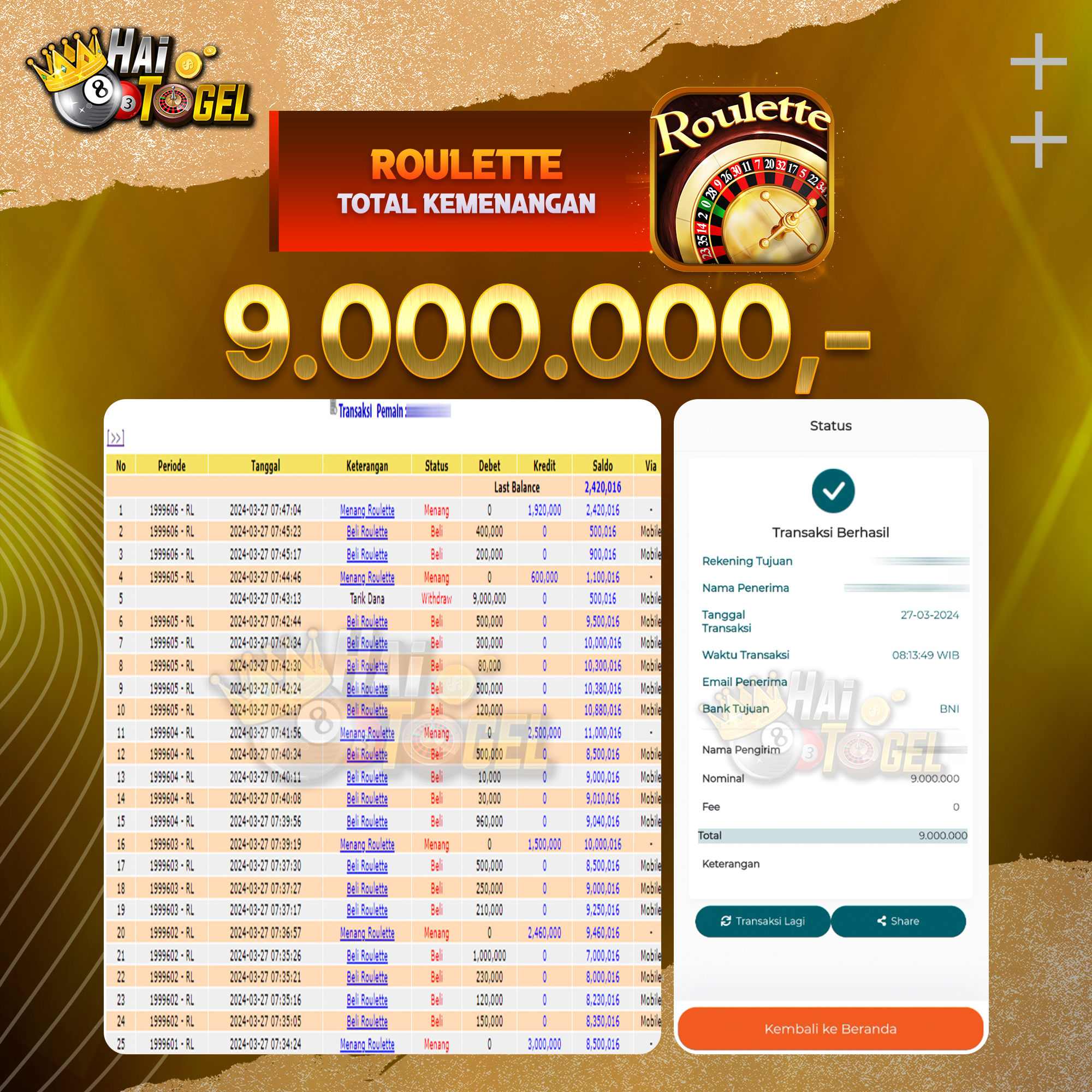Read more about the article BUKTI CASINO HAITOGEL JACKPOT ROULETTE RP. 9.000.000
