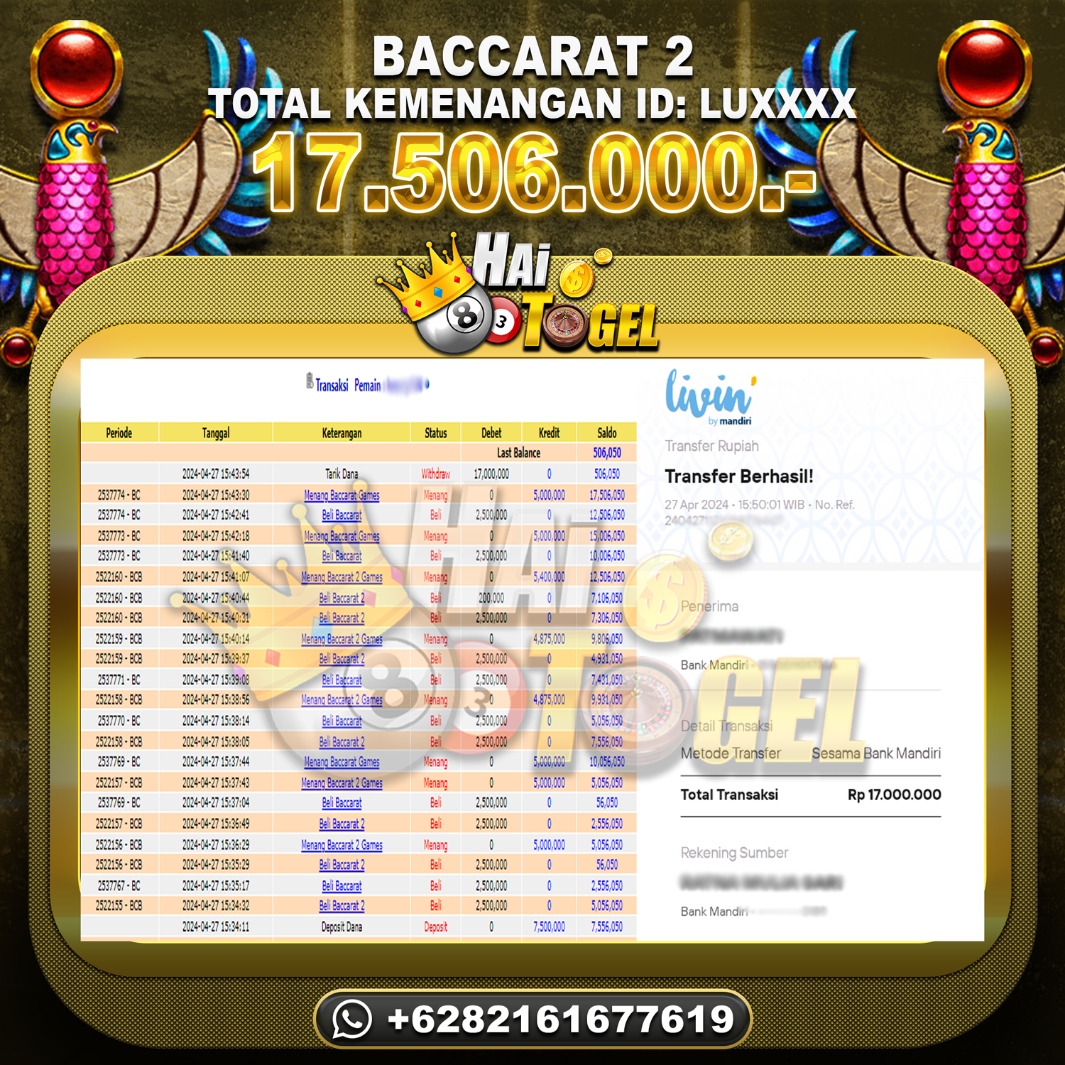 Read more about the article BUKTI CASINO HAITOGEL JACKPOT BACCARAT 2 RP. 17.506.000