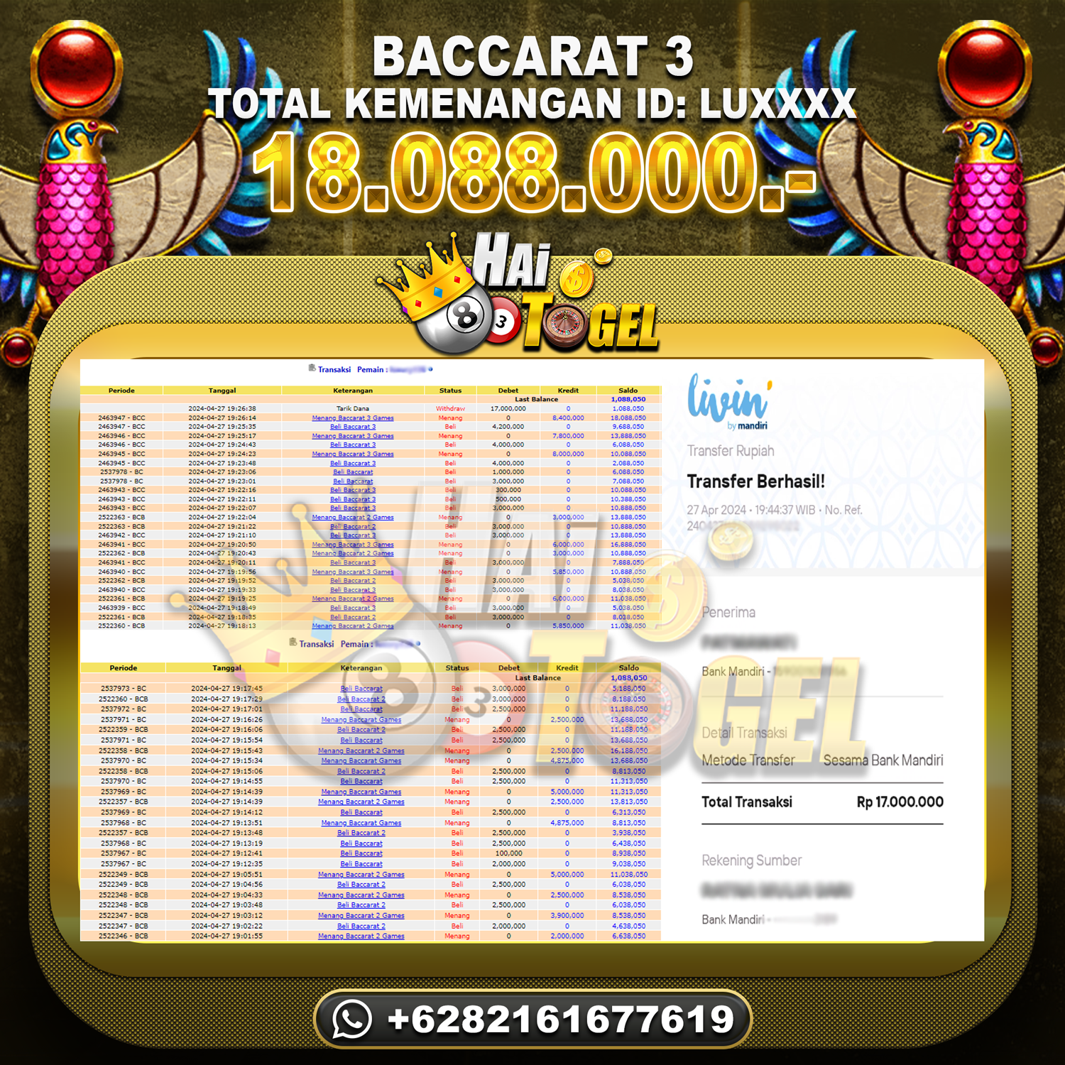 Read more about the article BUKTI CASINO HAITOGEL JACKPOT BACCARAT 3 RP. 18.088.000
