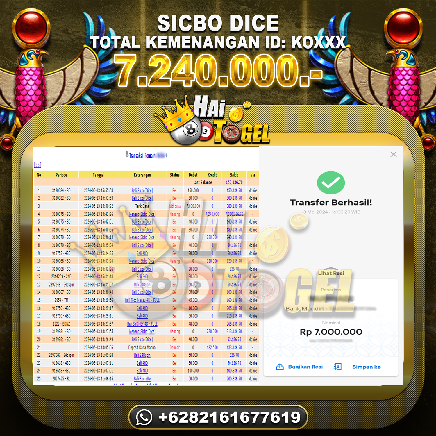 Read more about the article BUKTI CASINO HAITOGEL JACKPOT SICBO DICE RP. 7.240.000