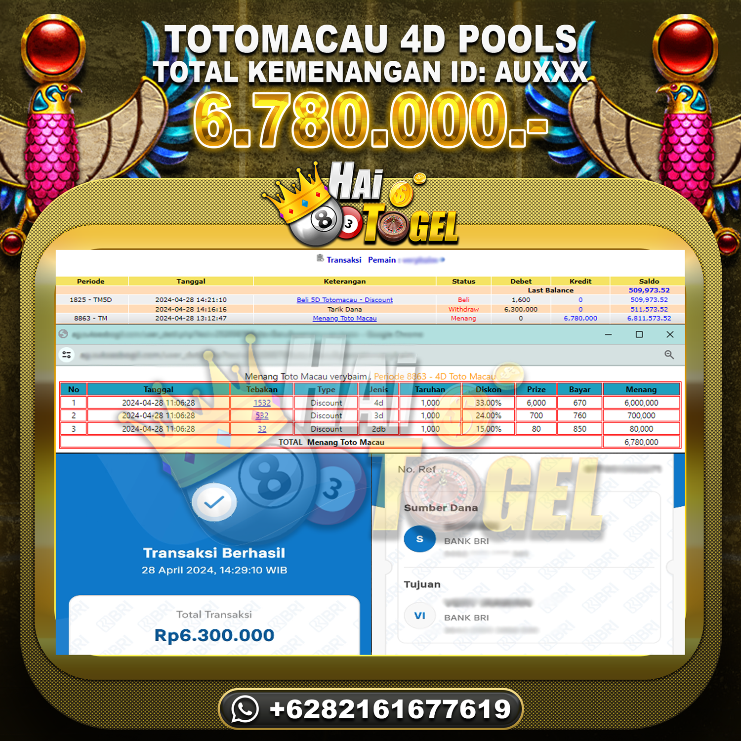 Read more about the article BUKTI JACKPOT HAITOGEL PASARAN TOTOMACAU4D RP. 6.780.000